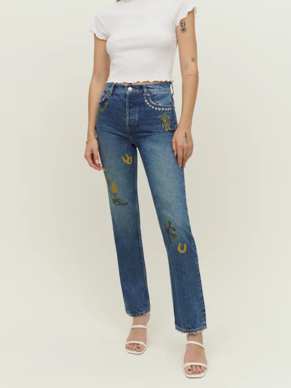 Reformation Handicraft Embroidered High Rise Straight Jeans